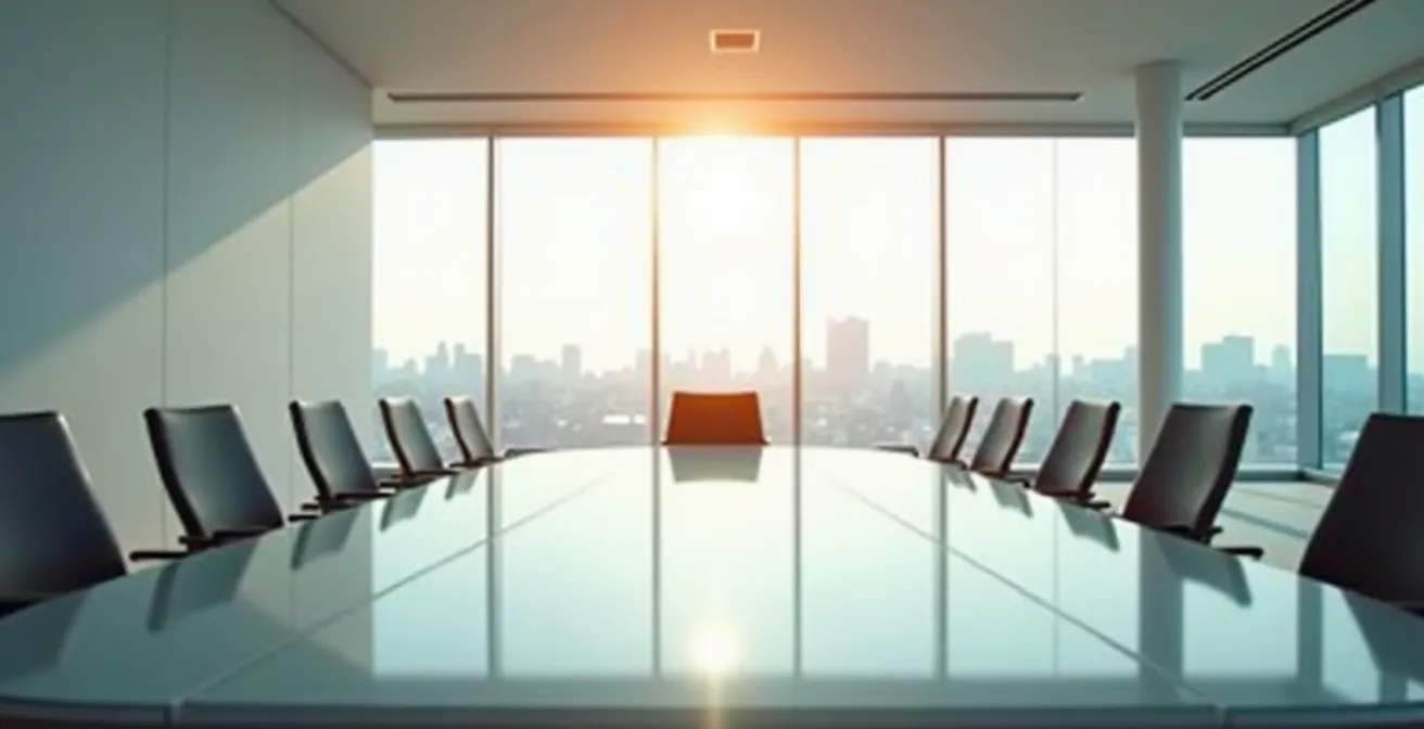 Vue large d'une salle de réunion épurée avec table ovale et sièges disposés stratégiquement