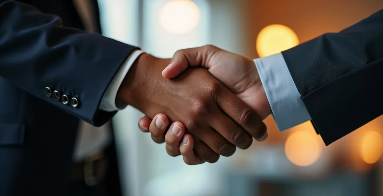 Gros plan sur une poignée de main professionnelle symbolisant l'accord post-alerte
