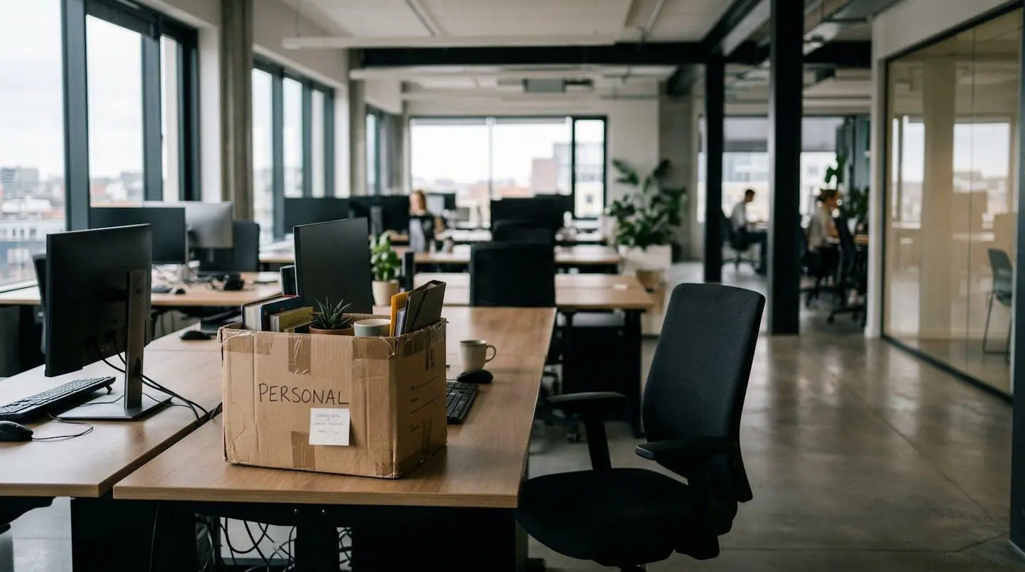 Bureau vide avec carton d'affaires personnelles symbolisant le turnover en entreprise