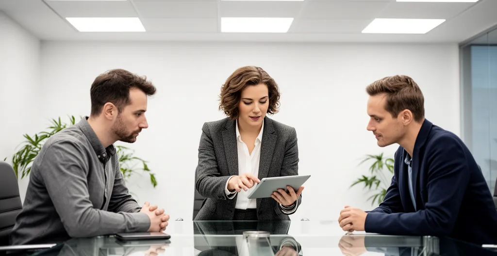 Consultant RH présentant des profils candidats sur tablette à des dirigeants