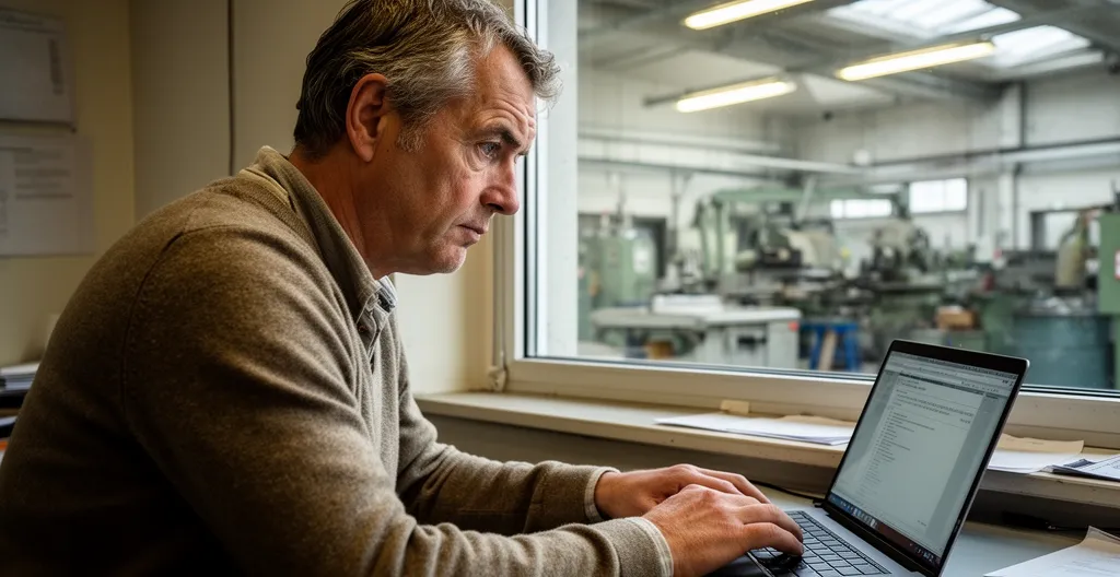 Dirigeant de PME concentré devant son écran lors d'un processus de recrutement difficile