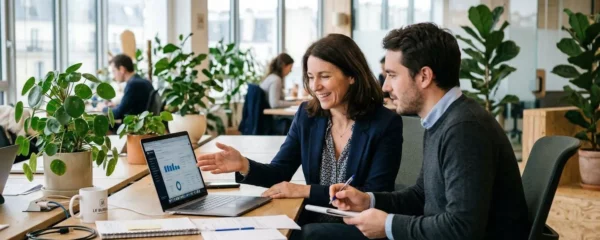 Dirigeante PME et consultant RH en discussion stratégique dans un bureau moderne