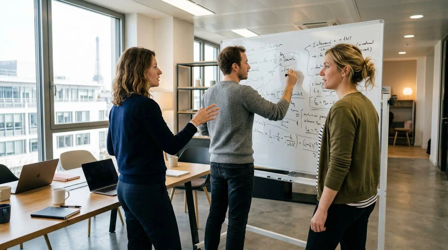 Petite équipe PME en réunion collaborative autour d'un tableau blanc